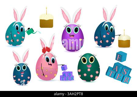 3D clip art set featuring anthropomorphic characters - decorated Easter eggs babies with bunny ears, playful expressions and smiles, festive Easter ca Stock Vector