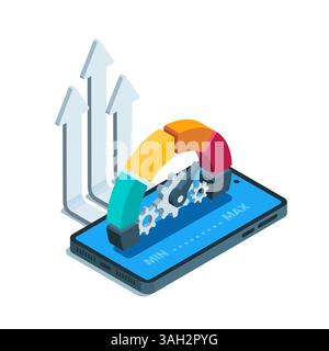 isometric scale with gears on the smartphone screen and up arrows, in color on a white background, minimum and maximum level Stock Vector