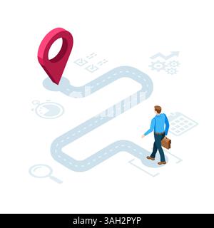 isometric business man with briefcase walking along the road to location icon in color on white background, path to goal or success Stock Vector