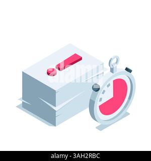 isometric stack of paper with exclamation mark and stopwatch, in color on a white background, urgent work or deadline Stock Vector