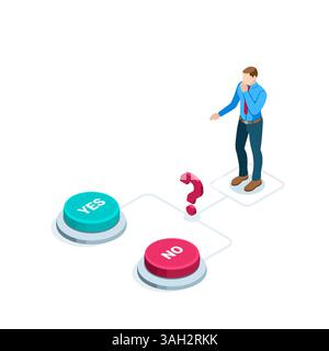isometric business man in a thoughtful pose in front of two buttons, in color on a white background, make a choice yes or no Stock Vector