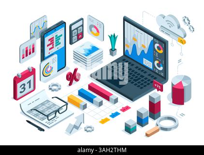 isometric laptop with a set of charts and diagrams, in color on a white background, concept on the topic of collecting and processing financial statis Stock Vector