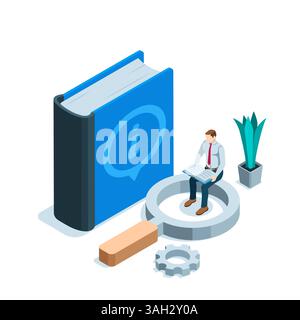 isometric book with info icon and a man reading while sitting on a magnifying glass in color on white background, reference book or dictionary or info Stock Vector