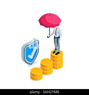 isometric business man with an umbrella stands on a chart of coins in color on a white background, investment protection or monetary insurance Stock Vector