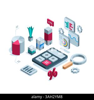 isometric concept on the topic of work with one hundred statistical data in the financial sector in color on a white background, analysis and accounti Stock Vector