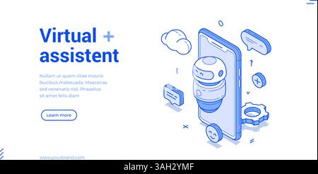 Virtual assistant AI robot smartphone application isometric monochrome web banner vector illustration. Artificial intelligence robotic control interne Stock Vector