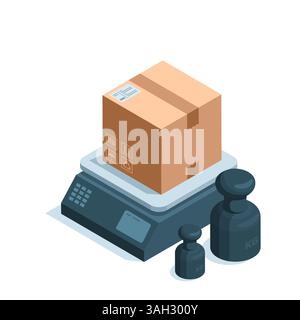 isometric box on electronic scales and weight, in color on a white background, weight of a parcel or product Stock Vector