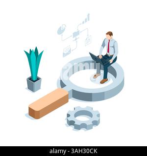 isometric business man with a laptop sits on a magnifying glass in color on a white background, searching and working with work data Stock Vector