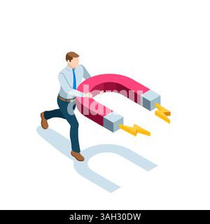 isometric business man holding a magnet in color on a white background, attraction or magnetization in marketing Stock Vector