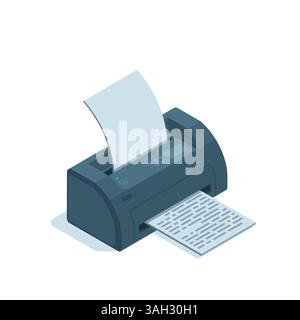 isometric printer with paper, in color on a white background, output device or printing office printer Stock Vector