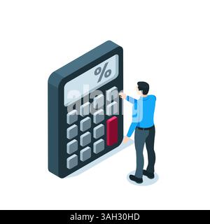isometric man and calculator, in color on a white background, counting or accounting Stock Vector