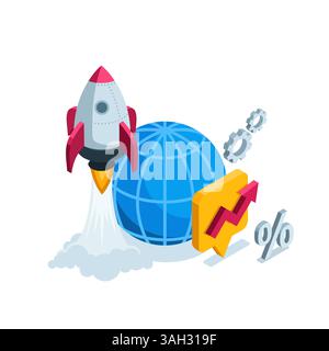 isometric rocket takes off over the globe in color on a white background, startup or business skyrocketing Stock Vector
