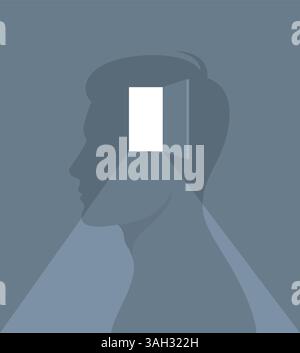 Bright light coming from an open door in the head of a human silhouette. Flat vector illustration Stock Vector