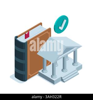 isometric old book and antique building with columns, in color on a white background, library or archive of old literature for student study Stock Vector