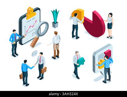 isometric business people near the chart and diagram in color on a white background, office workers or teamwork Stock Vector
