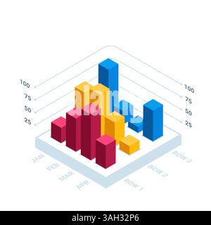 isometric visualization of data in the form of a chart, in color on white, statistical data in the form of a graph from columns Stock Vector