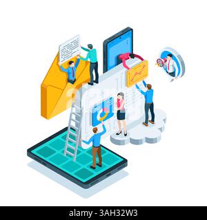 isometric business people working in virtual space on a common project, in color on a white background, teamwork and virtual project Stock Vector
