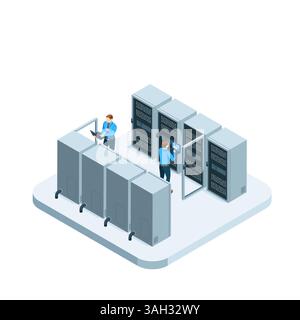 isometric man with a laptop near the server, in color on a white background, server room or data storage and processing equipment Stock Vector