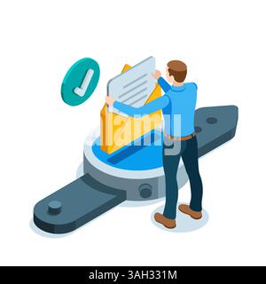 isometric business man viewing email on smartwatch screen, color on white, new message or letter Stock Vector