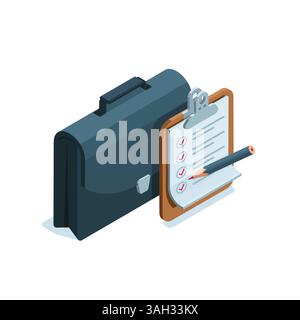 isometric business briefcase and tablet with a paper sheet on which ticks and a pencil are marked, in color on a white background, business task or to Stock Vector