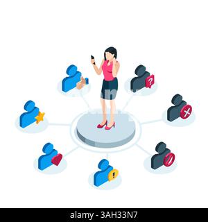 isometric woman with phone next to user icons from contact list in color on white background, sorting phone contacts into different categories Stock Vector