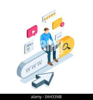 isometric man with a laptop sitting on a search form, in color on a white background, searching or internet surfing Stock Vector