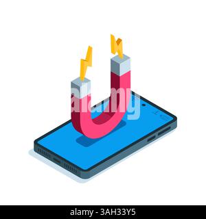 isometric magnet on a smartphone screen, in color on a white background, attraction or power of a magnet Stock Vector