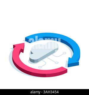 isometric arrows in a circle and a cloud, in color on a white background, synchronization with cloud data storage Stock Vector