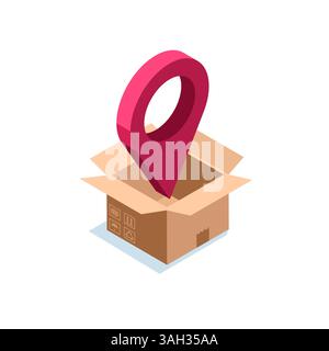 isometric location icon and open cardboard box in color on white background, parcel delivery Stock Vector