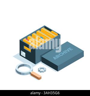 isometric archive box with folders in color on white background, archive or file storage Stock Vector