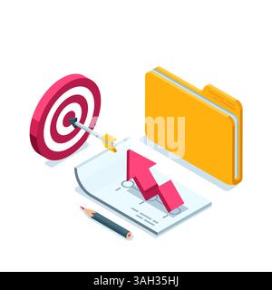 isometric sheet of paper with an arrow near a folder and a target with an arrow in color on a white background, achieving success or successfully exec Stock Vector