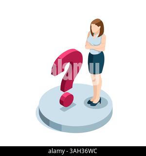 isometric business woman in a thoughtful pose stands near a question mark in color on a white background, a problem or a difficult task Stock Vector