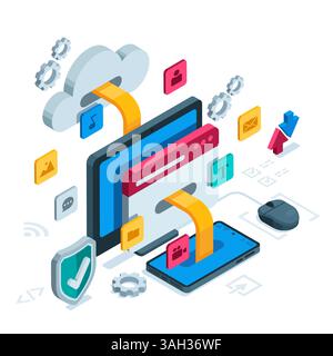 isometric computer next to a smartphone and a cloud connected to each other in color on a white background, synchronizing and transferring data from g Stock Vector