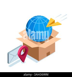 isometric concept in the form of an open box and a globe with a location sign in color on a white background, sending parcels around the globe to anyw Stock Vector