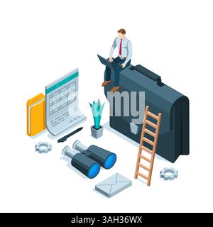 isometric business man with laptop sitting on briefcase next to binoculars and folder with financial documents in color on white background, working w Stock Vector
