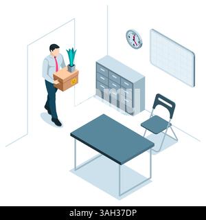 an isometric man with a box for personal belongings enters the office workroom in color on a white background, moving to a new place of work Stock Vector