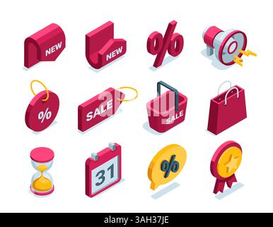 isometric set of icons on the theme of sale in color on a white background, a price tag with a shopping cart and a loudspeaker with a percentage, as w Stock Vector