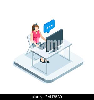 isometric woman in headphones at a computer, in color on a white background, telephone or internet support and hotline Stock Vector