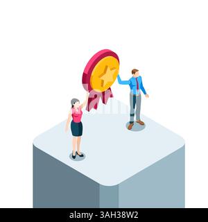 isometric business people holding an award in their hands above their heads in color on a white background, victory or triumph Stock Vector
