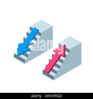 isometric steps and arrows up and down in color on a white background, financial and business fall or rise Stock Vector