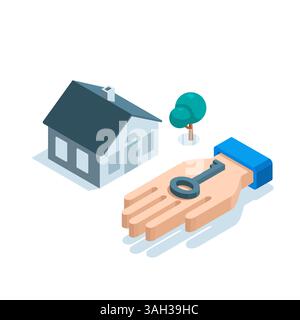 isometric hand with a key and a house next to a tree in color on a white background, buying real estate or renting Stock Vector