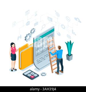 isometric business man with ladder near folder with file table in color on white background, working with analytical data or statistical processing Stock Vector