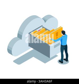 isometric business man takes a folder from the archive in the cloud in color on a white background, cloud data storage Stock Vector