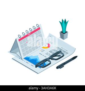 isometric calendar on a sheet of paper with charts and table, in color on a white background, glasses and pen, financial quarterly reporting or statis Stock Vector