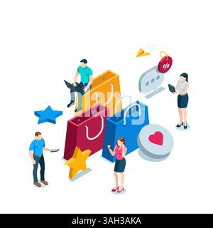 isometric concept people with gadgets near shopping bags and icons, in color on a white background, sale or online shopping Stock Vector