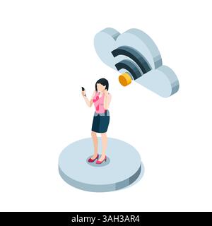 isometric woman with a smartphone stands under a cloud with a wireless connection icon in color on a white background, wireless internet zone Stock Vector