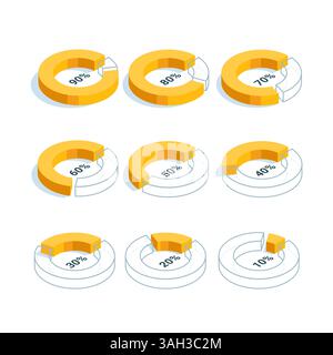 isometric set of pie charts from 10 to 90%, in color on white, statistical data or data visualization Stock Vector