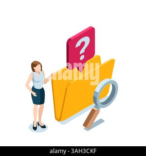 isometric business woman near open empty folder in color on white background, magnifier and question mark, file search or data problem Stock Vector