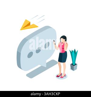 isometric woman with a smartphone stands near a large message icon in color on a white background, sending a message or chatting Stock Vector