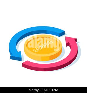 isometric arrows around a coin with the word exchange, in color on a white background, currency exchange Stock Vector